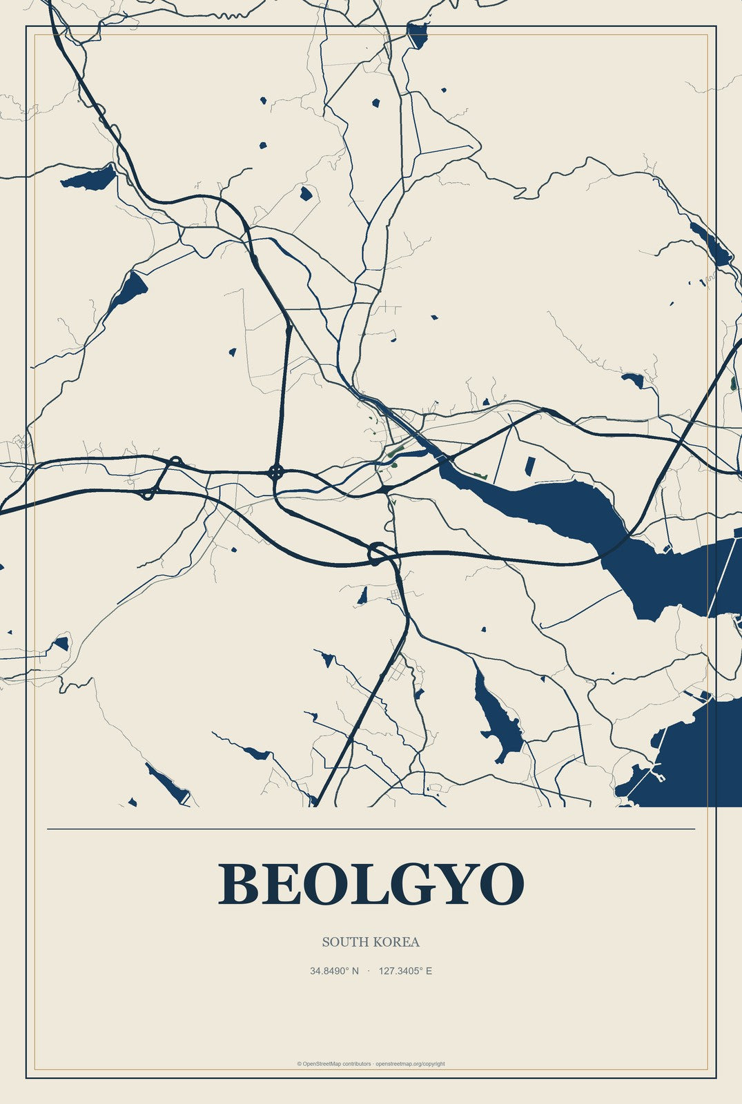 Beolgyo, South Korea City Map Aluminum Sign in Coastal Cutout style
