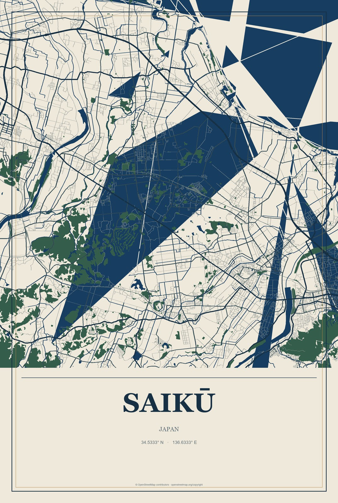 Saikū, Japan City Map Aluminum Sign in Coastal Cutout style