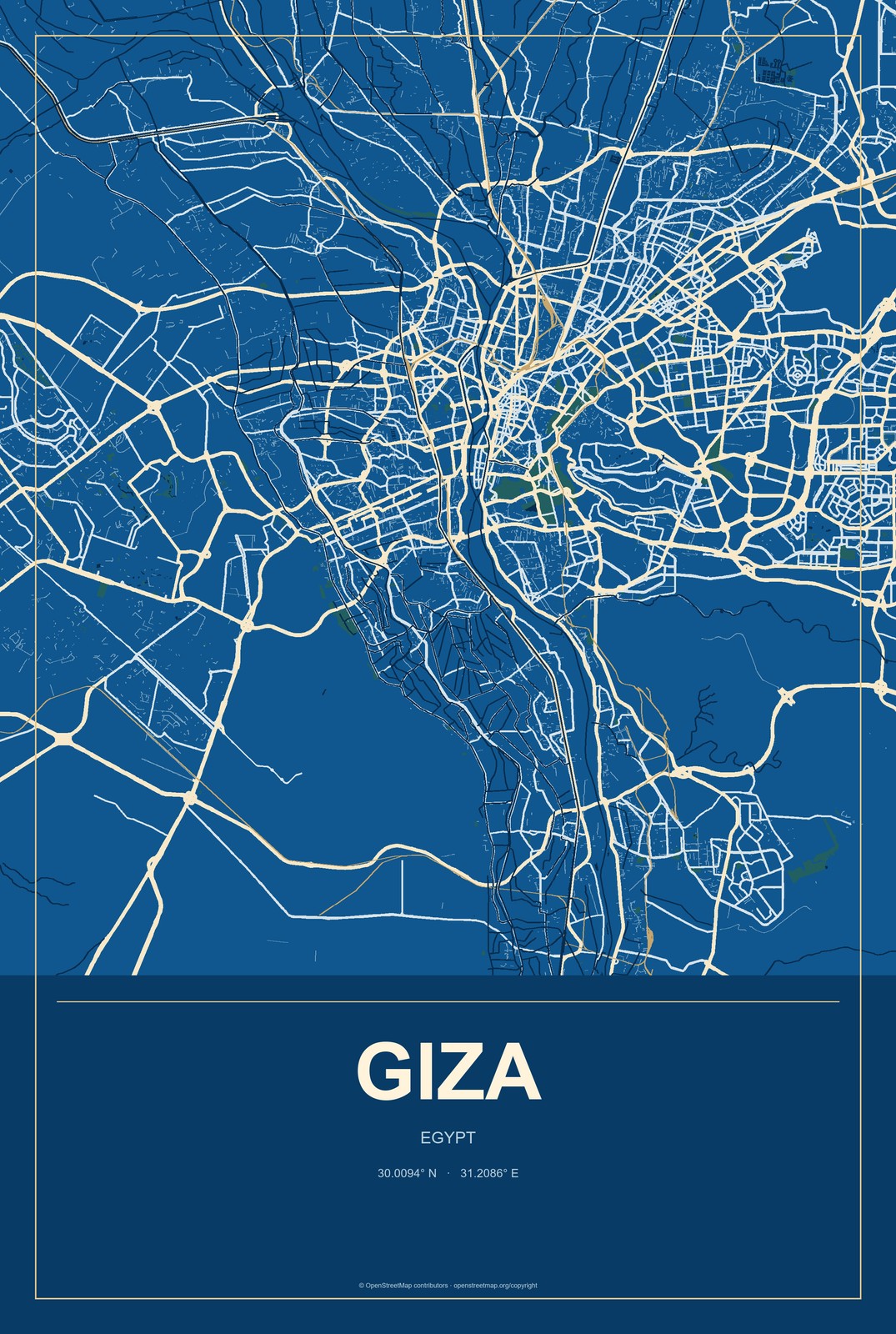 Giza, Egypt City Map Aluminum Sign in Harbor Cobalt style