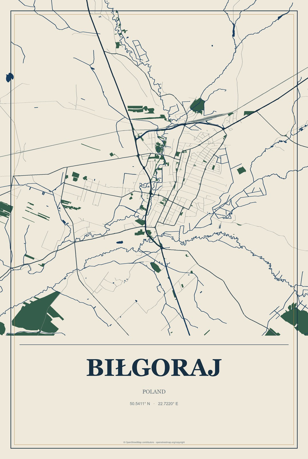 Biłgoraj, Poland City Map Aluminum Sign in Coastal Cutout style