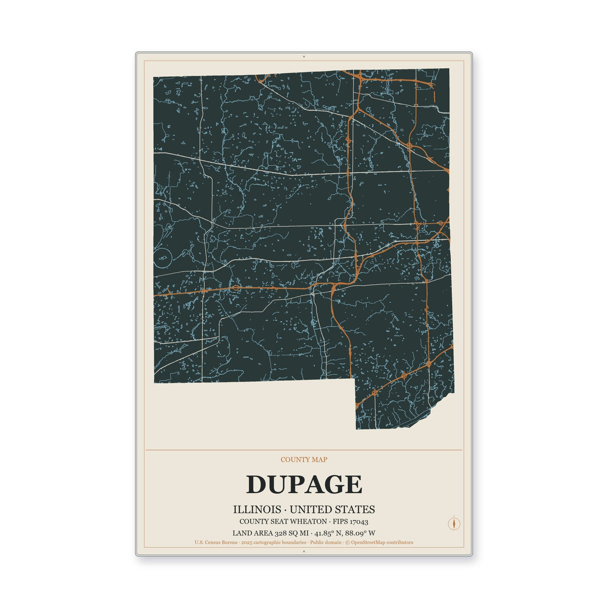 DuPage County, Illinois Map Aluminum Sign in Headline Atlas style