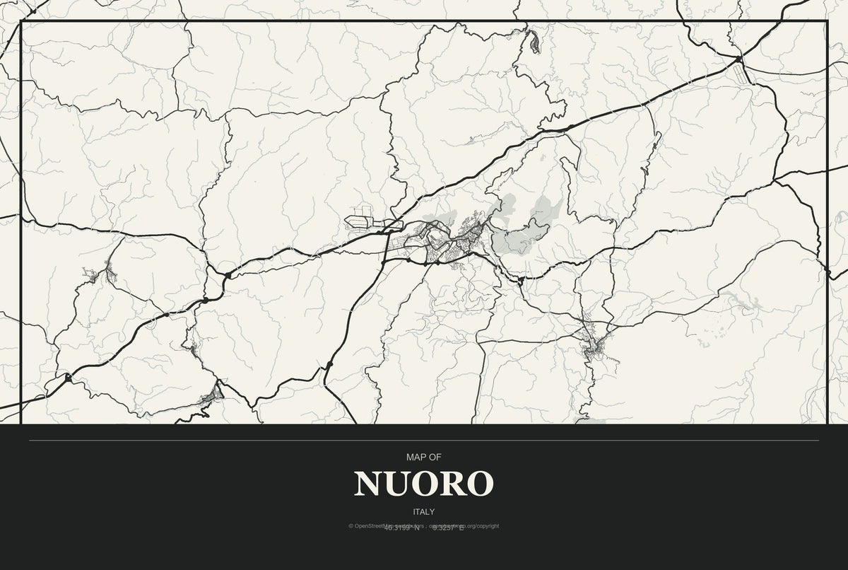 Nuoro, Italy City Map Aluminum Sign in Museum Plaque style