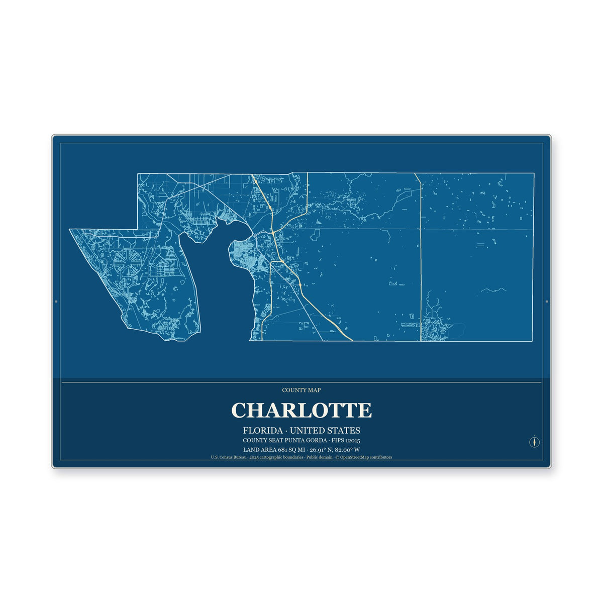 Charlotte County, Florida Map Aluminum Sign in Harbor Cobalt style