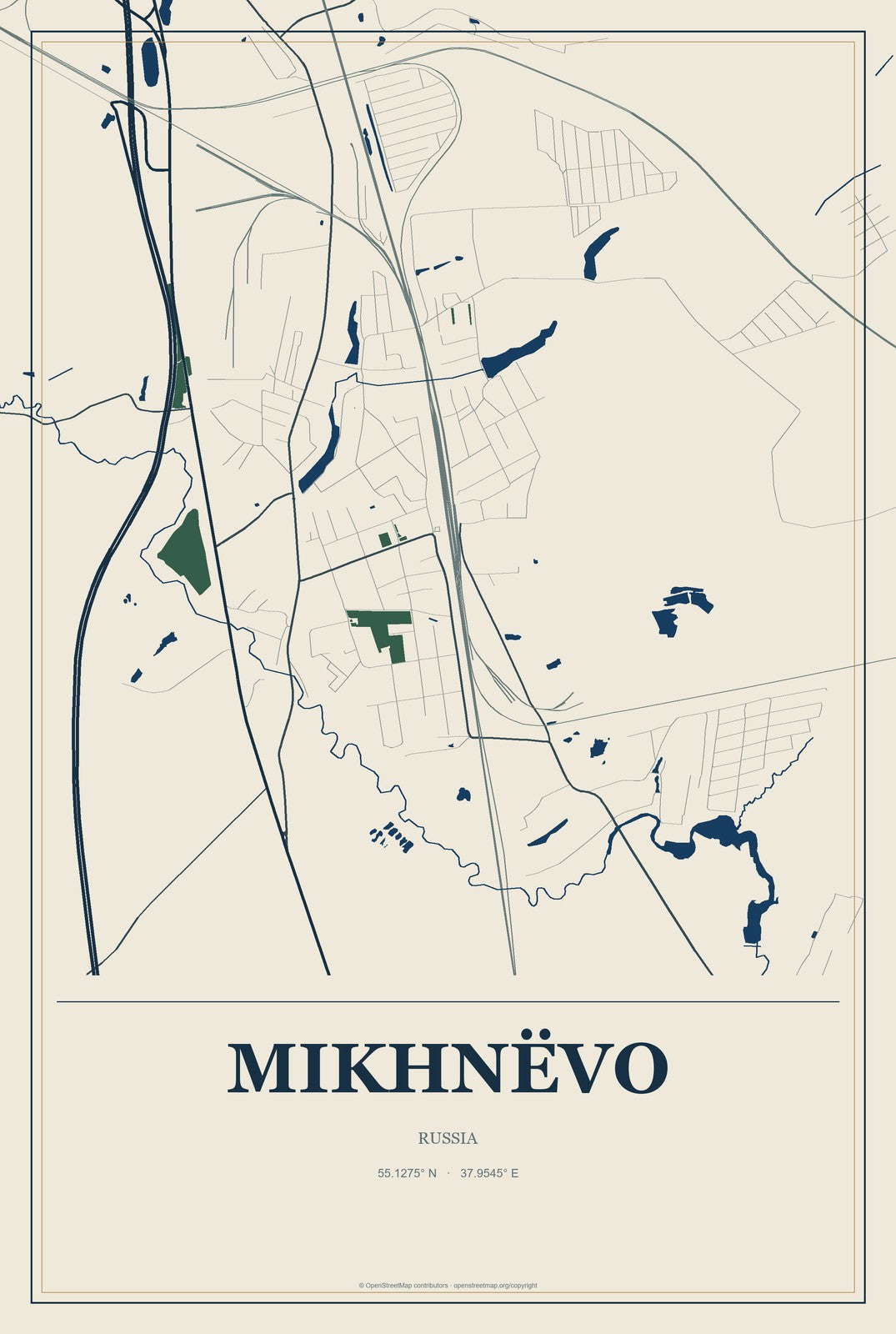 Mikhnëvo, Russia City Map Aluminum Sign in Coastal Cutout style