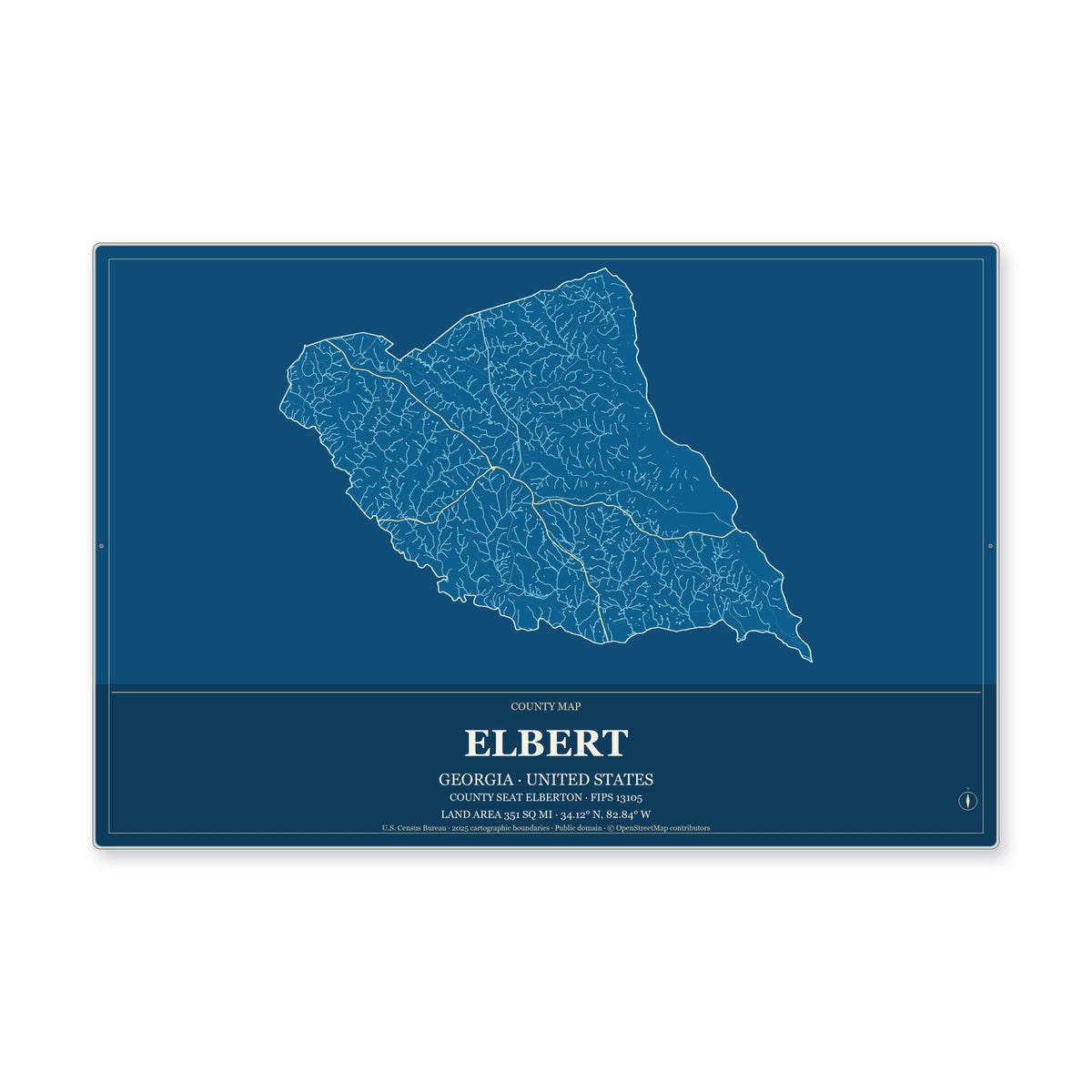 Elbert County, Georgia Map Aluminum Sign in Harbor Cobalt style