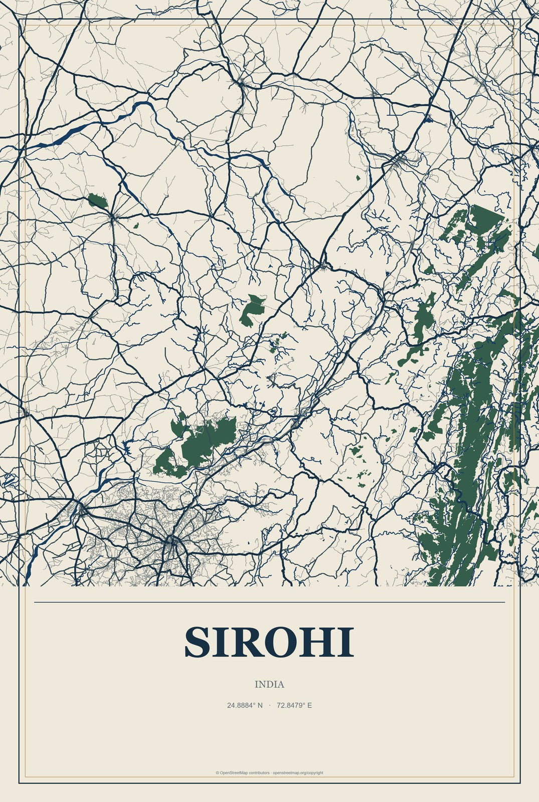 Sirohi, India City Map Aluminum Sign in Coastal Cutout style