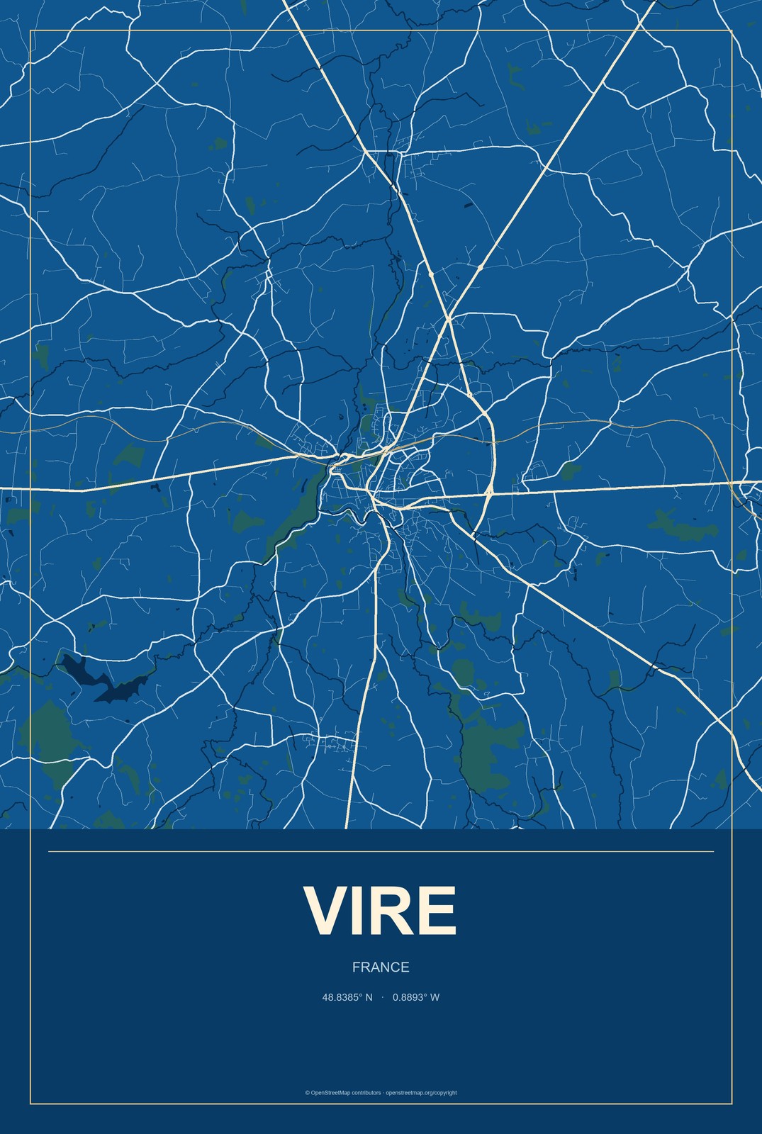 Vire, France City Map Aluminum Sign in Harbor Cobalt style