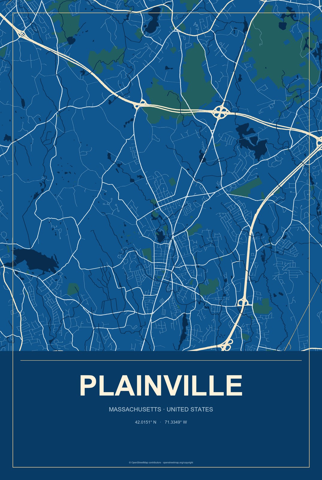 Plainville, Massachusetts City Map Aluminum Sign in Harbor Cobalt style