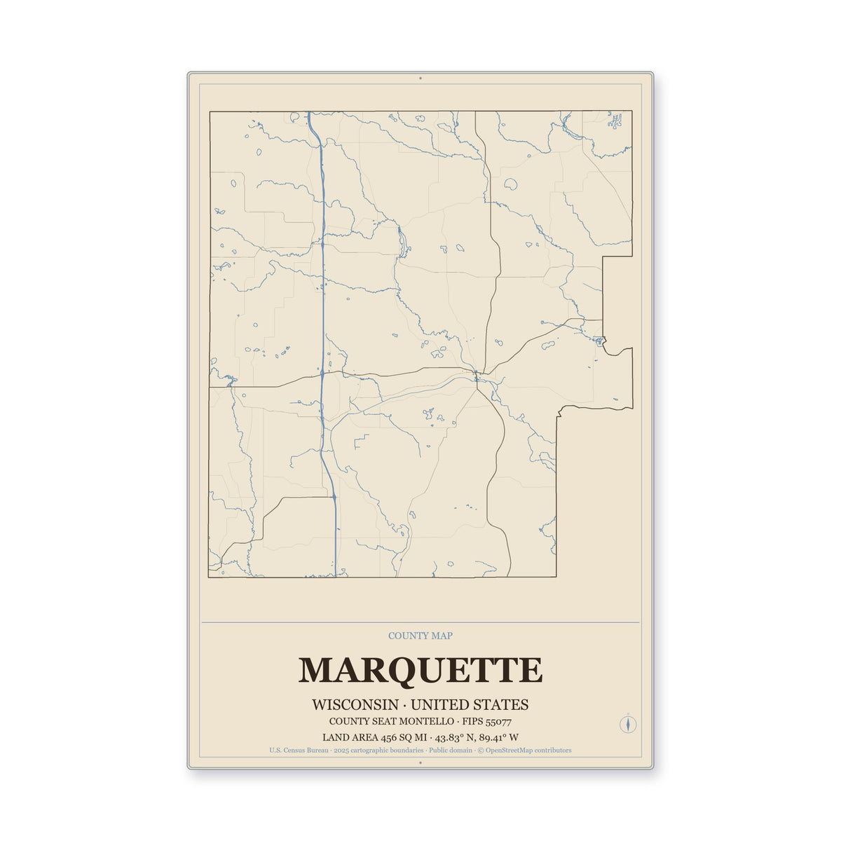 Marquette County, Wisconsin Map Aluminum Sign in Heritage Nautical style