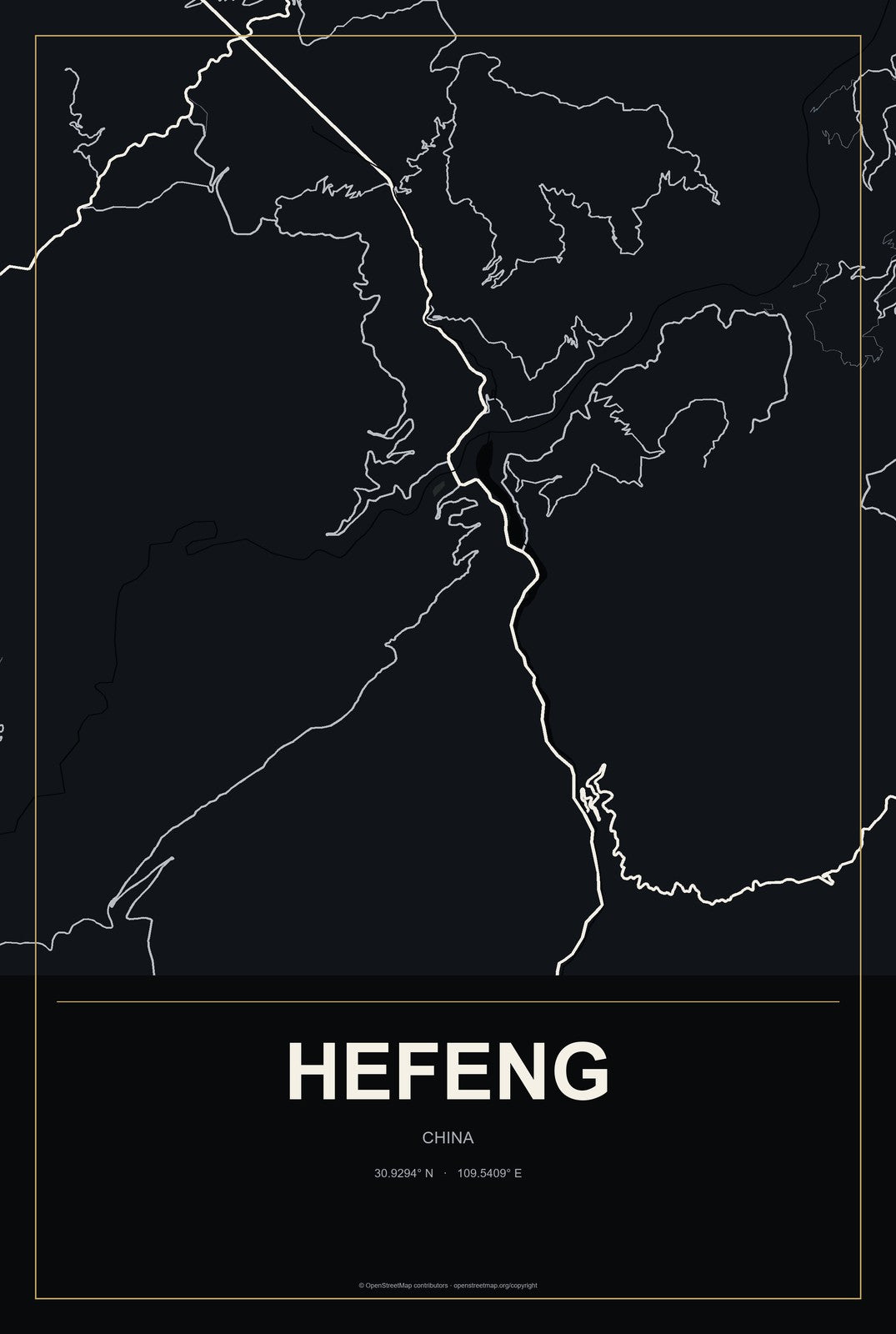 Hefeng, China City Map Aluminum Sign in Metropolitan Noir style