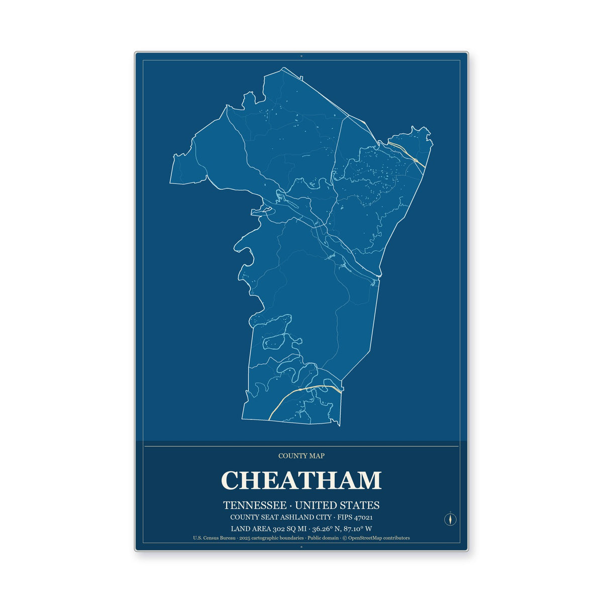 Cheatham County, Tennessee Map Aluminum Sign in Harbor Cobalt style