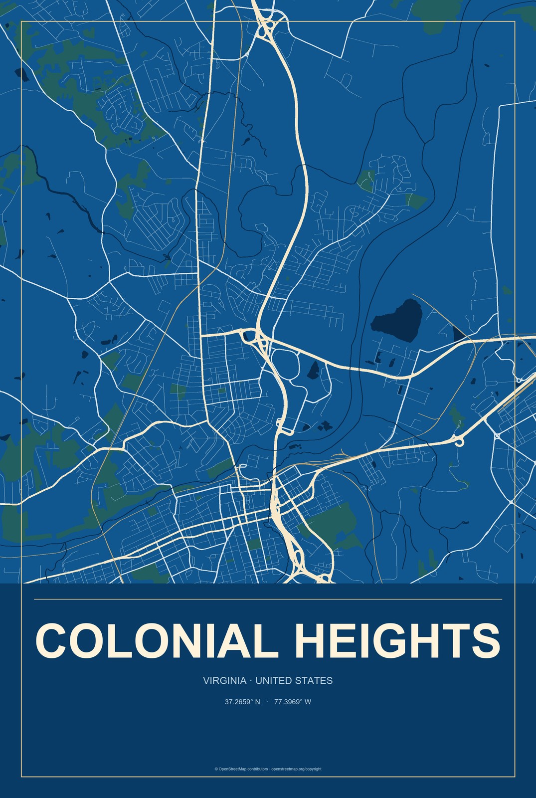 Colonial Heights, Virginia City Map Aluminum Sign in Harbor Cobalt style
