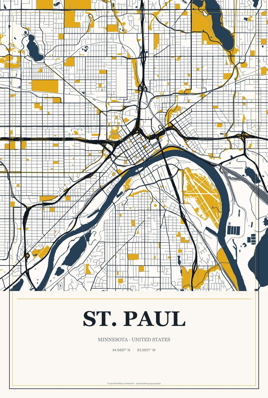 St. Paul, Minnesota City Map Aluminum Sign in Citrine Modern style