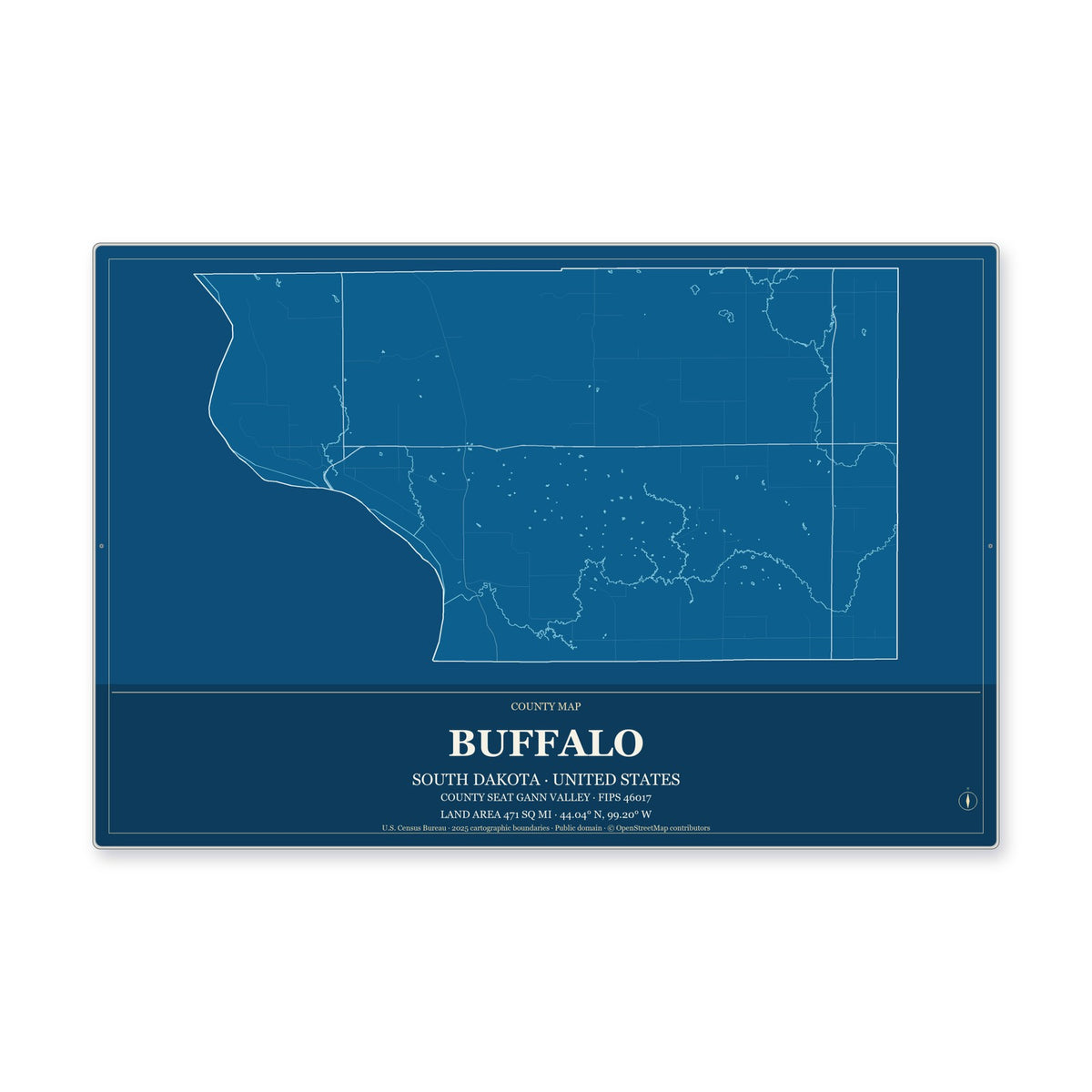 Buffalo County, South Dakota Map Aluminum Sign in Harbor Cobalt style