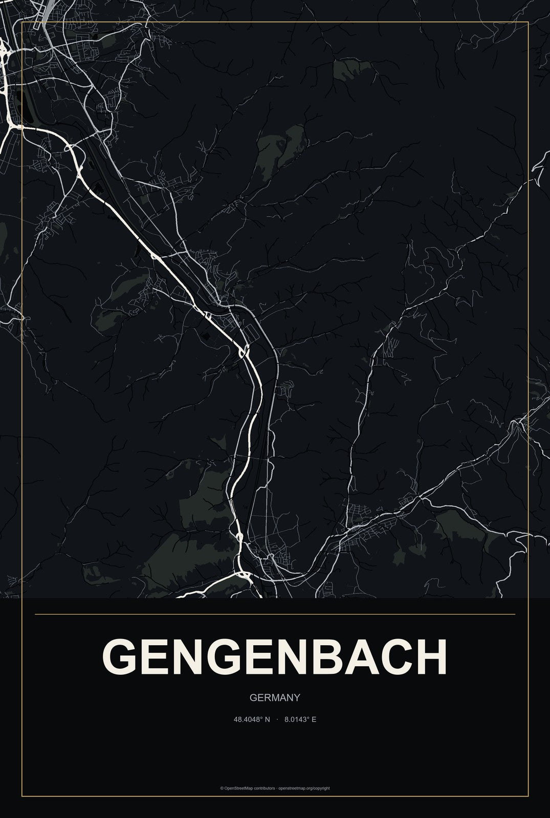 Gengenbach, Germany City Map Aluminum Sign in Metropolitan Noir style
