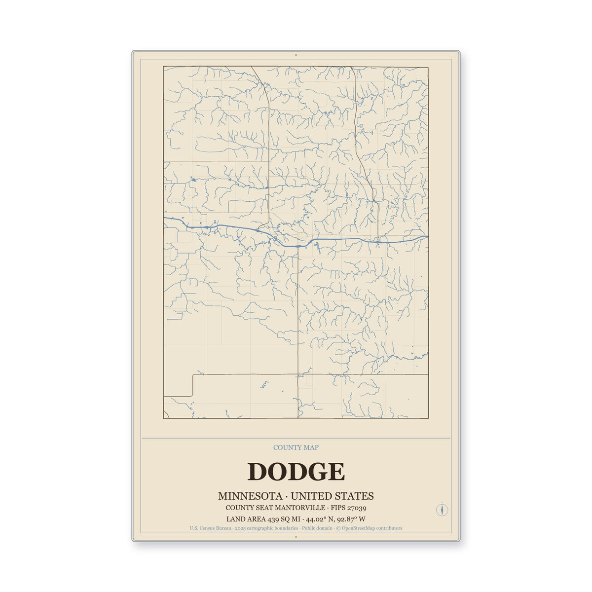 Dodge County, Minnesota Map Aluminum Sign in Heritage Nautical style