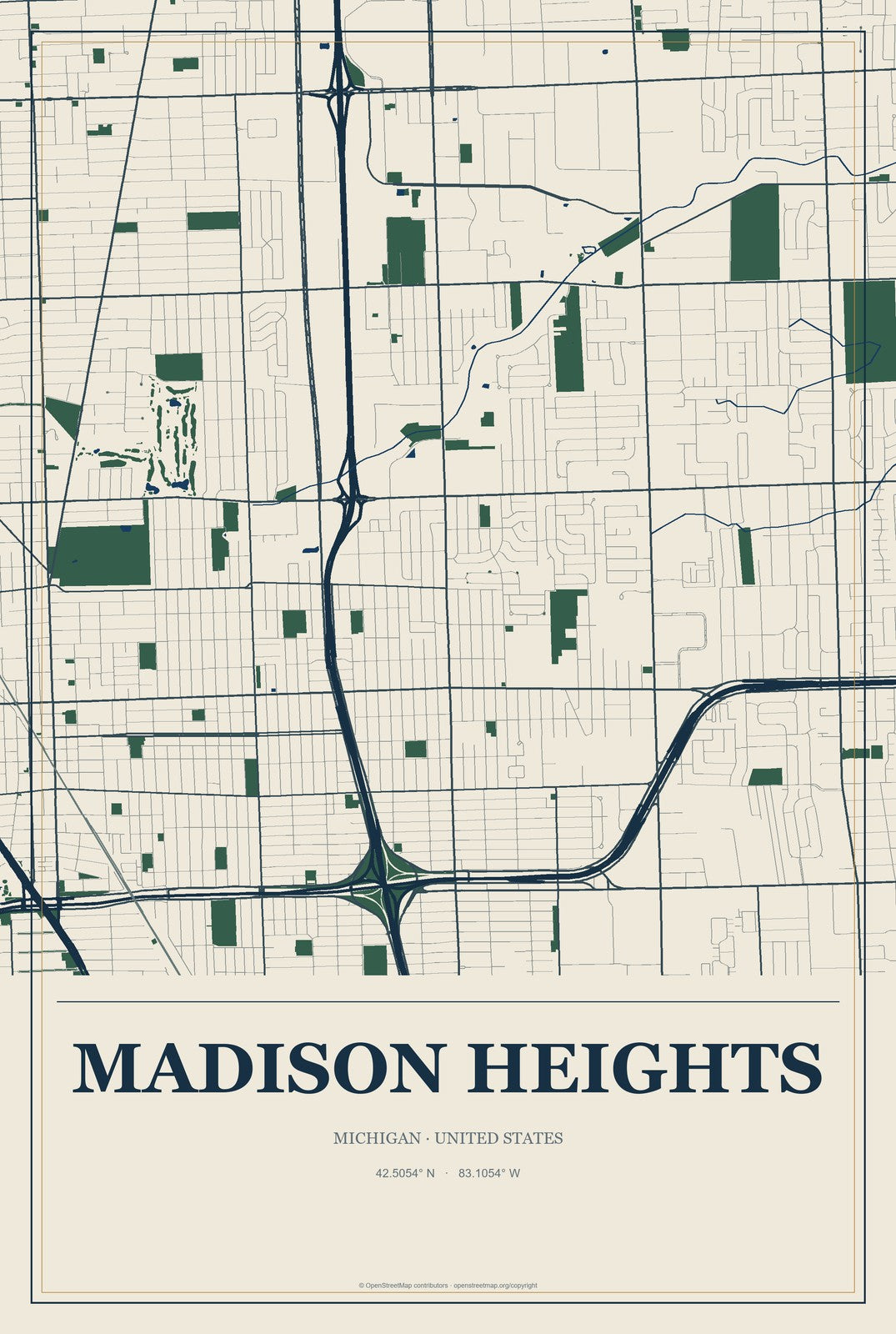 Madison Heights, Michigan City Map Aluminum Sign in Coastal Cutout style