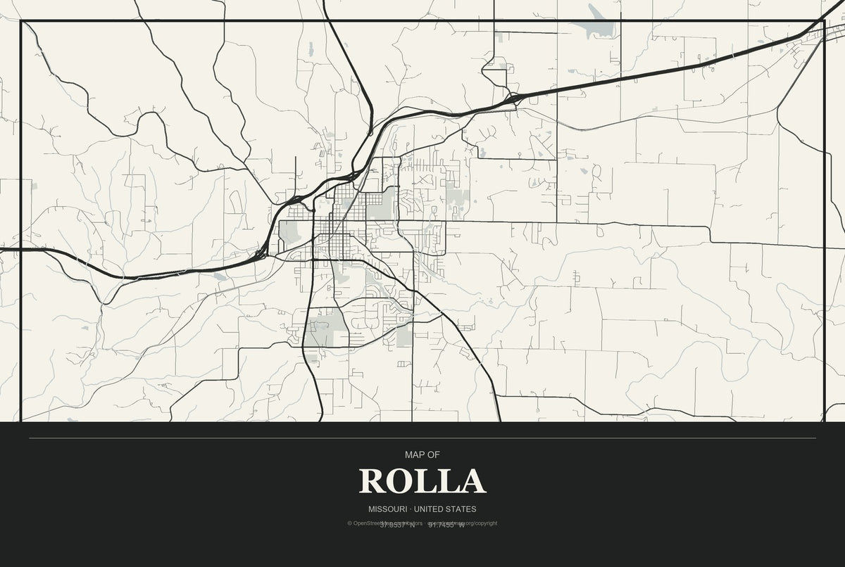 Rolla, Missouri City Map Aluminum Sign in Museum Plaque style