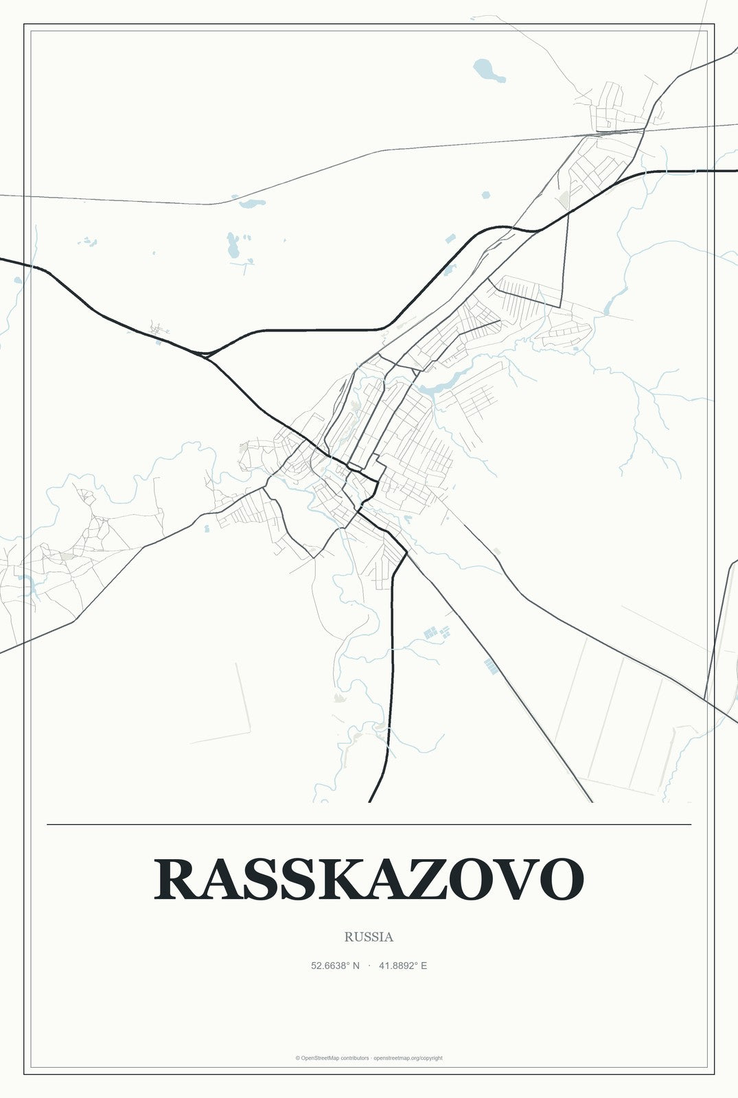 Rasskazovo, Russia City Map Aluminum Sign in Gallery Air style