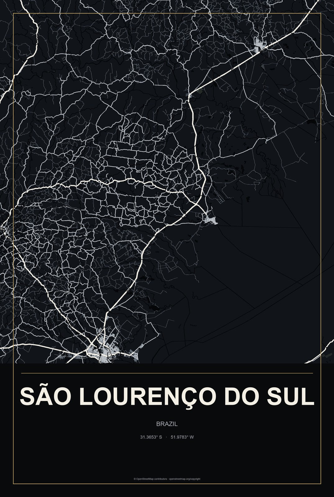 São Lourenço do Sul, Brazil City Map Aluminum Sign in Metropolitan Noir style