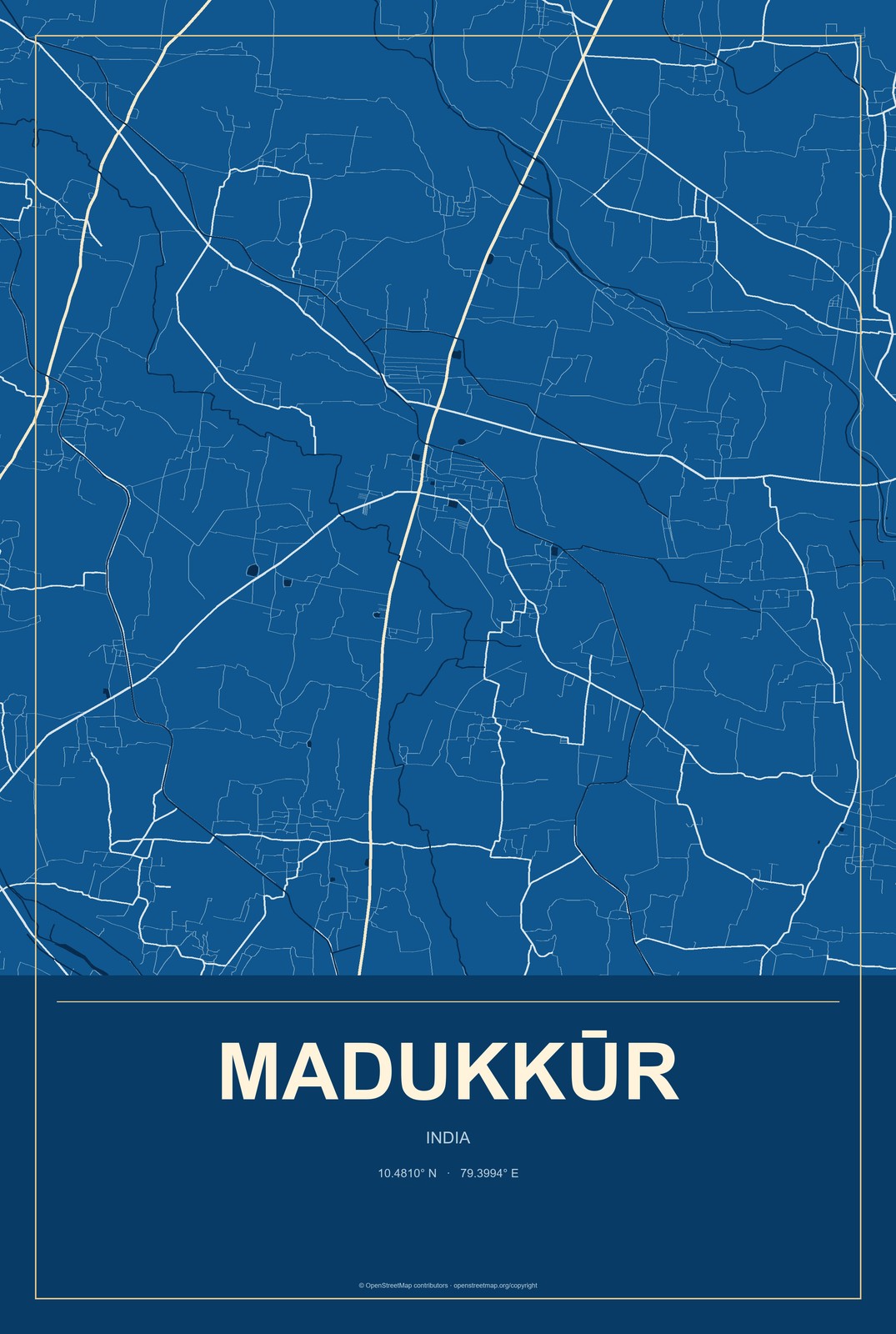 Madukkūr, India City Map Aluminum Sign in Harbor Cobalt style