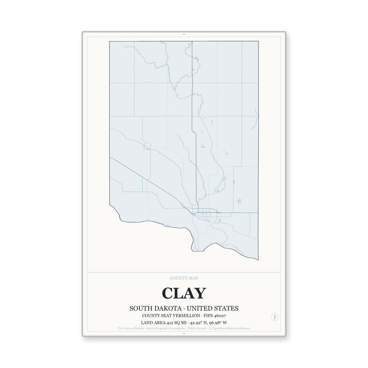 Clay County, South Dakota Map Aluminum Sign in Gallery Air style