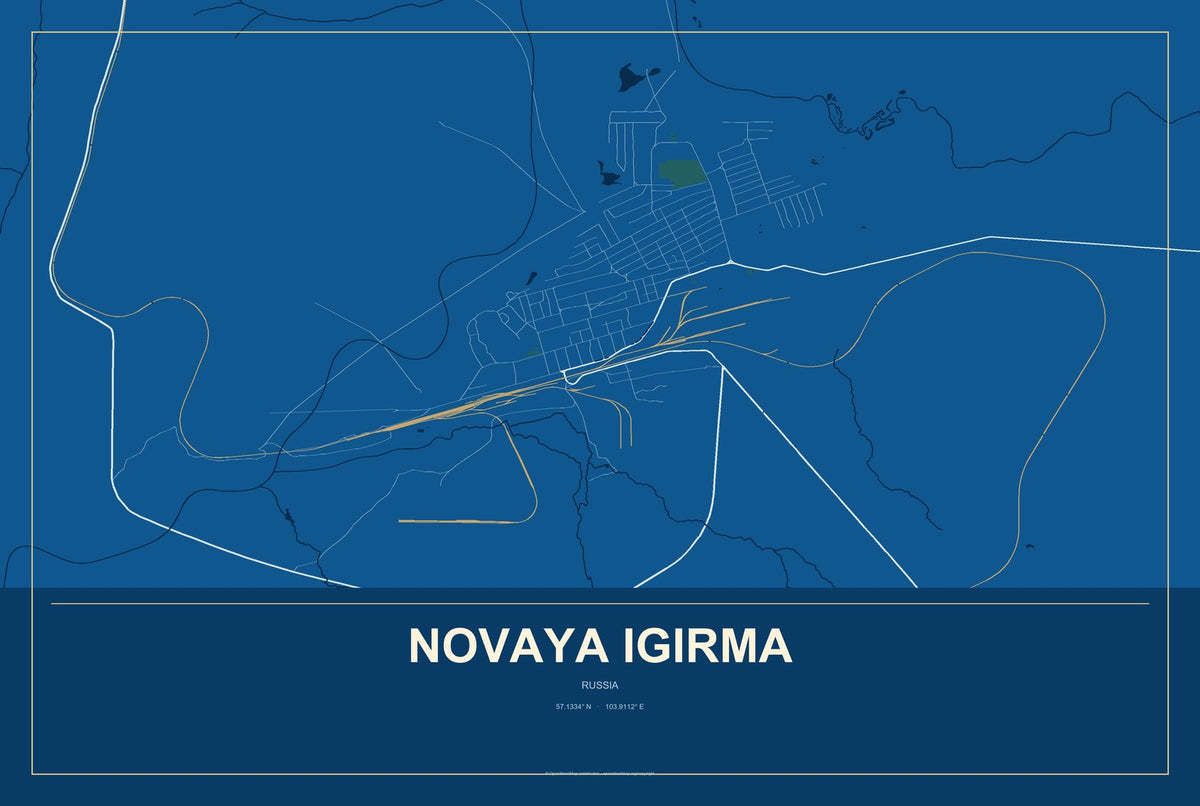 Novaya Igirma, Russia City Map Aluminum Sign in Harbor Cobalt style