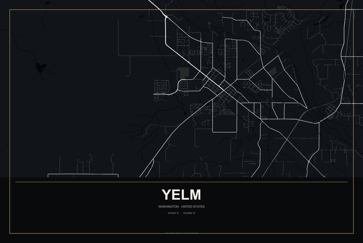 Yelm, Washington City Map Aluminum Sign in Metropolitan Noir style