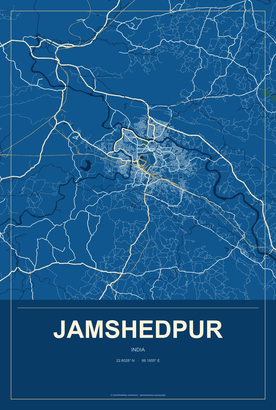 Jamshedpur, India City Map Aluminum Sign in Harbor Cobalt style