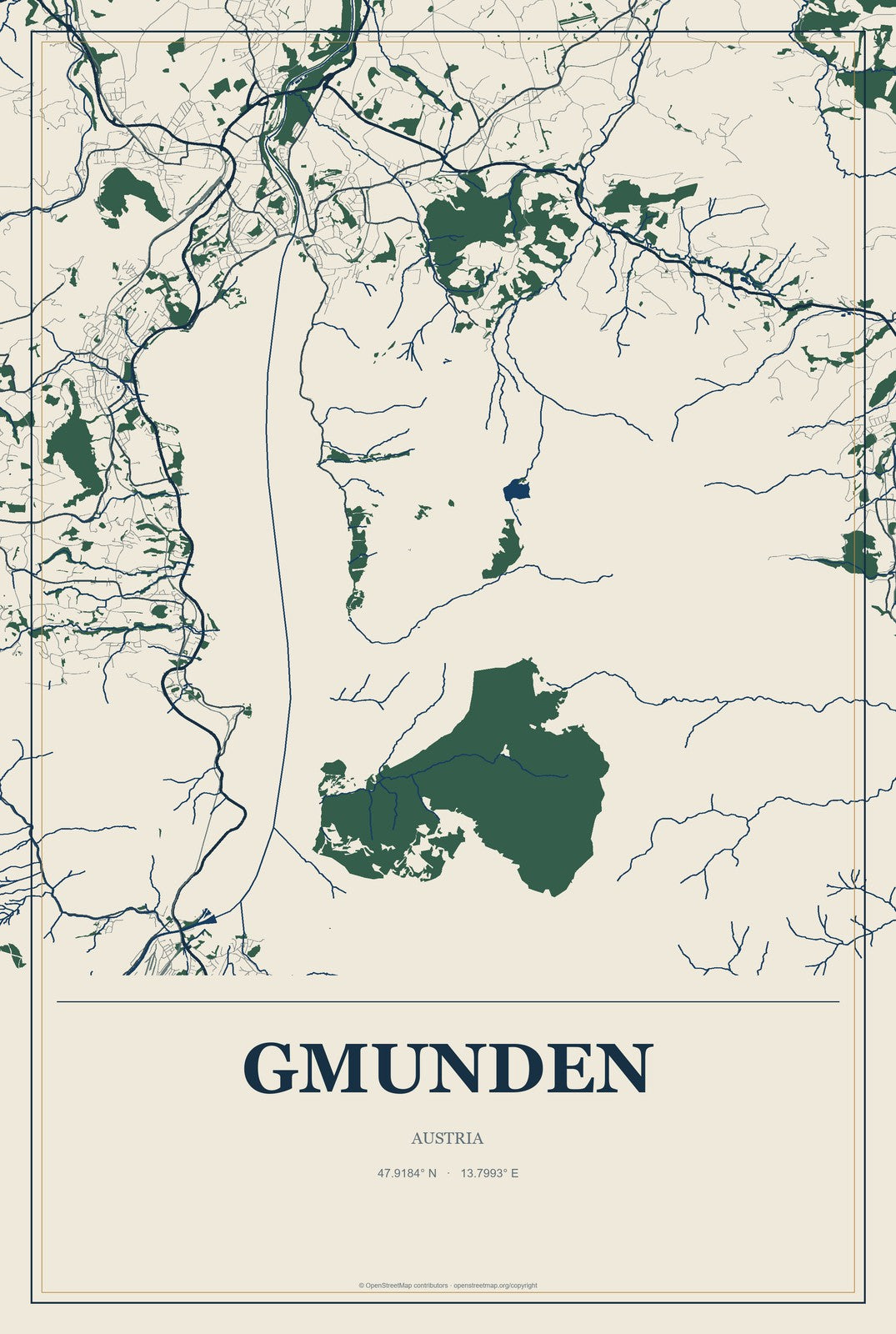 Gmunden, Austria City Map Aluminum Sign in Coastal Cutout style