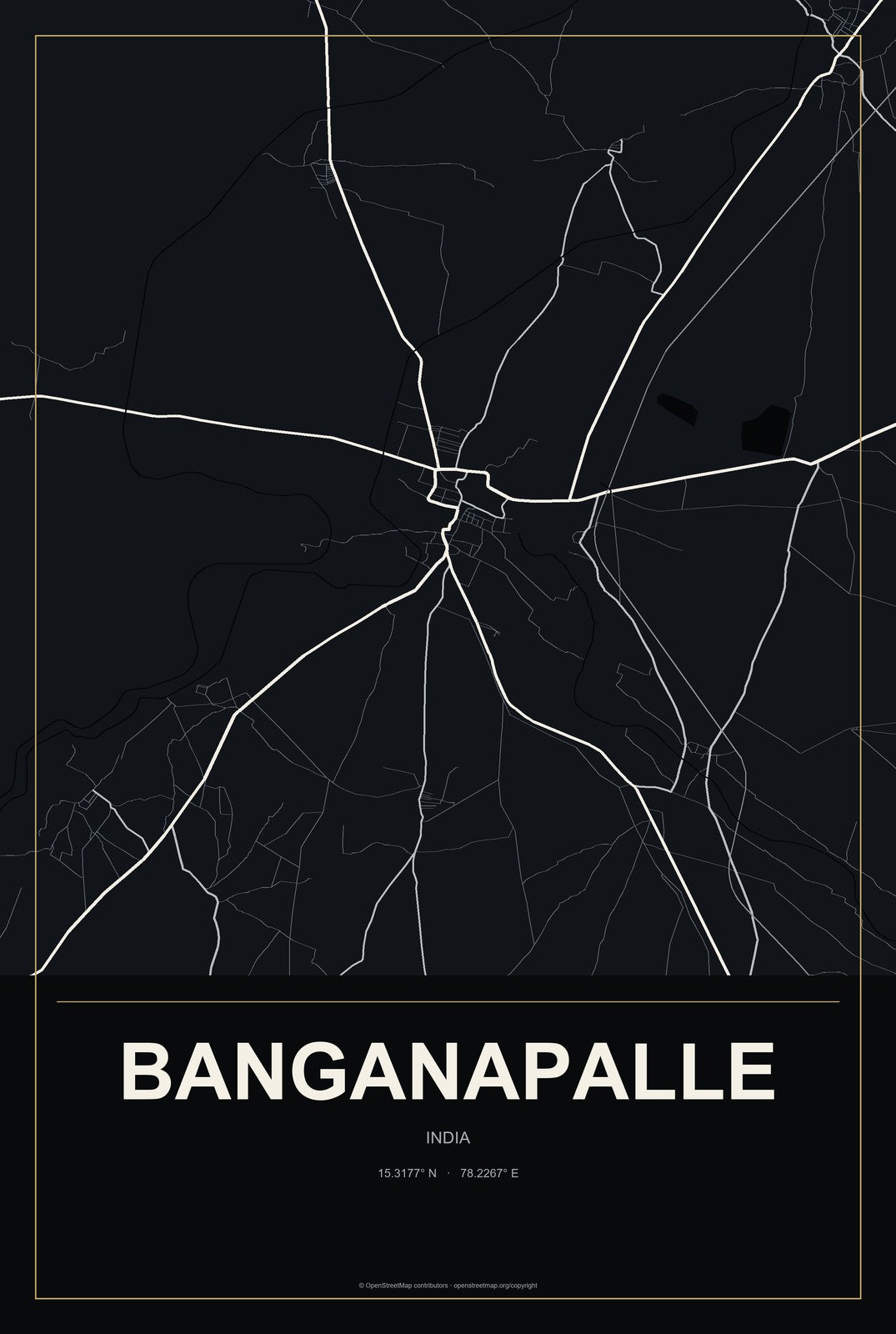 Banganapalle, India City Map Aluminum Sign in Metropolitan Noir style