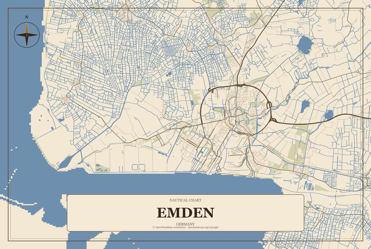 Emden, Germany City Map Aluminum Sign in Heritage Nautical style