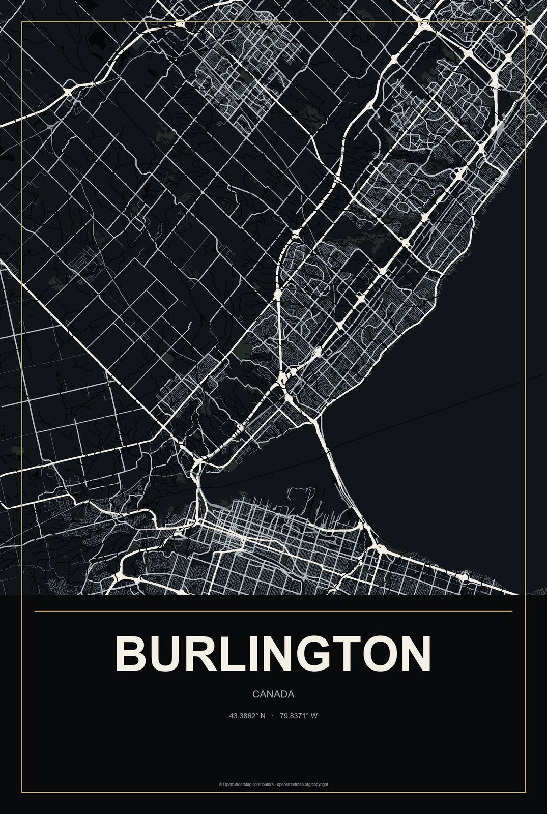 Burlington, Canada City Map Aluminum Sign in Metropolitan Noir style