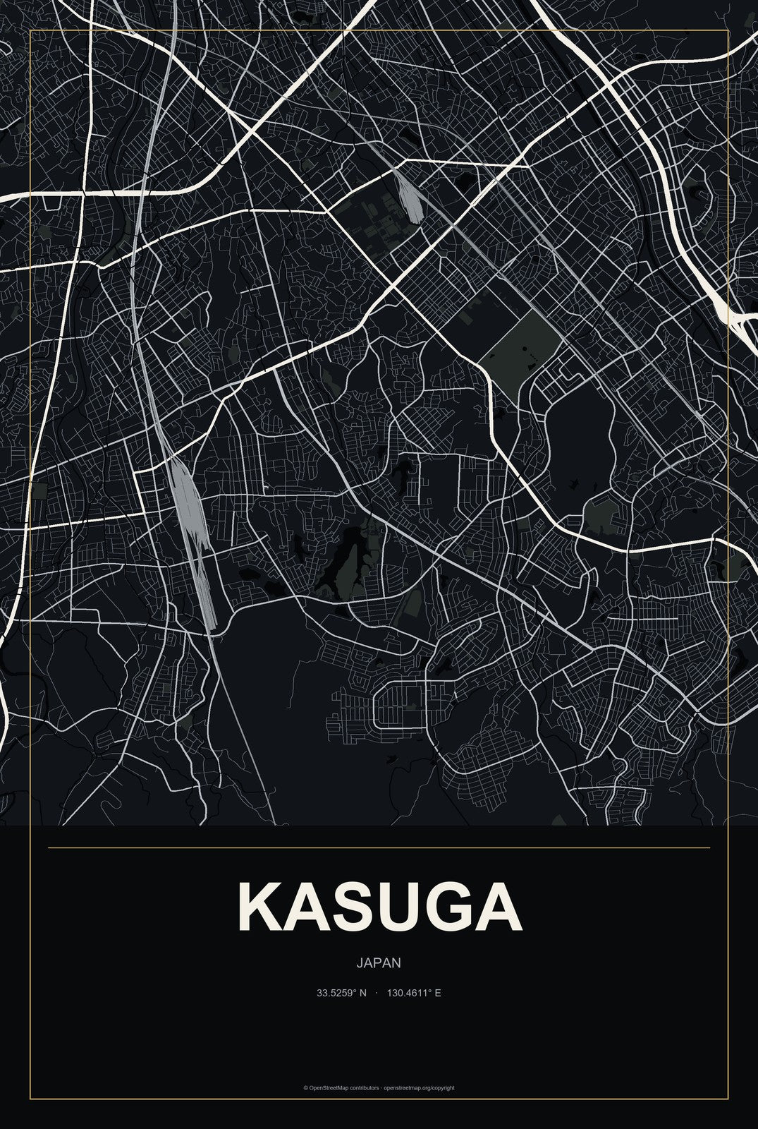 Kasuga, Japan City Map Aluminum Sign in Metropolitan Noir style