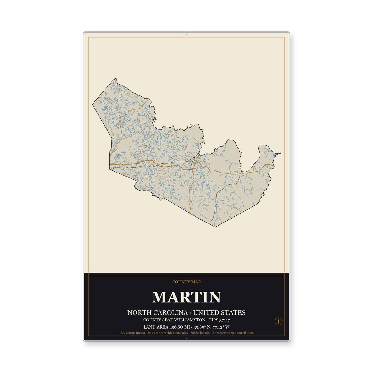 Martin County, North Carolina Map Aluminum Sign in Museum Plaque style