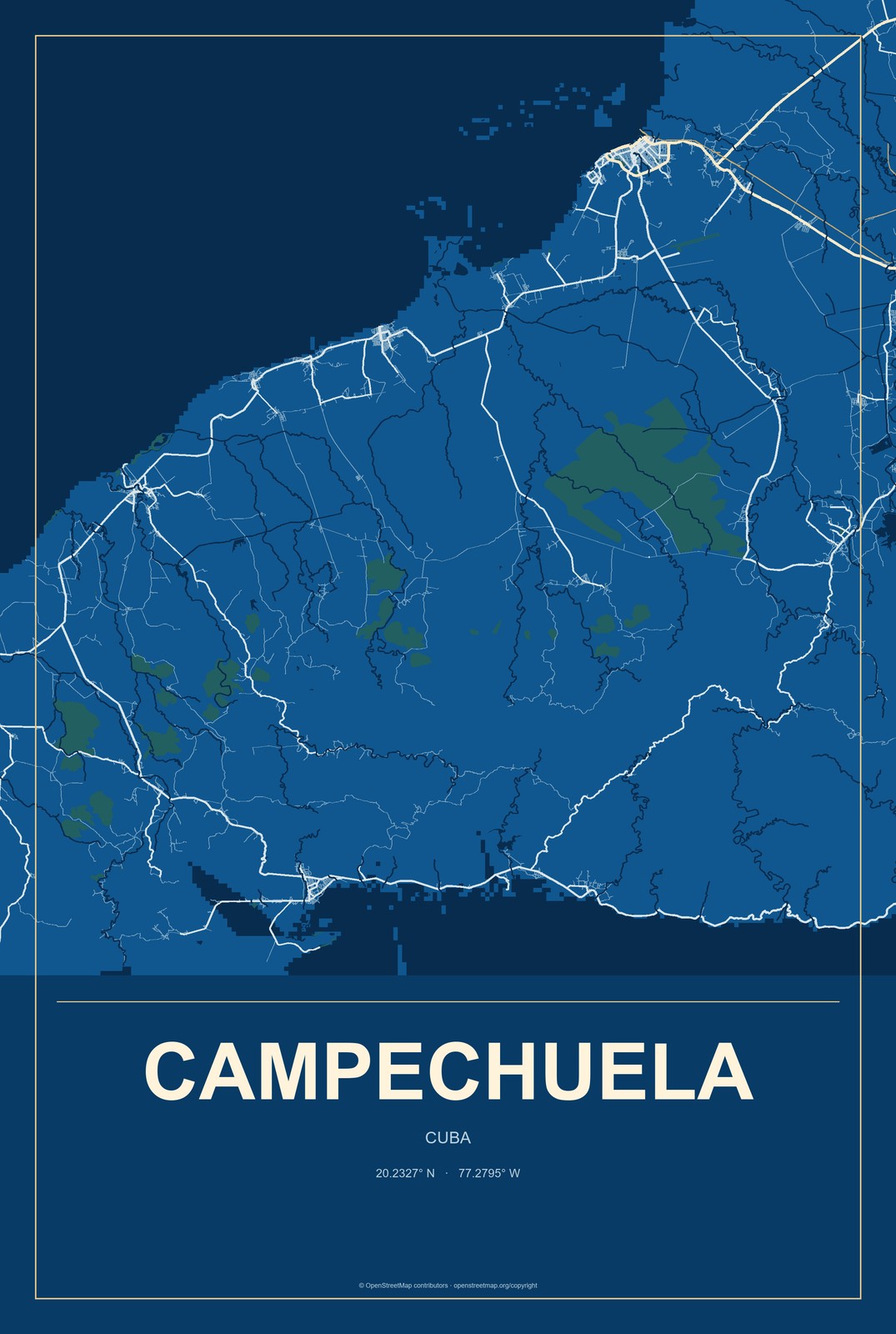 Campechuela, Cuba City Map Aluminum Sign in Harbor Cobalt style