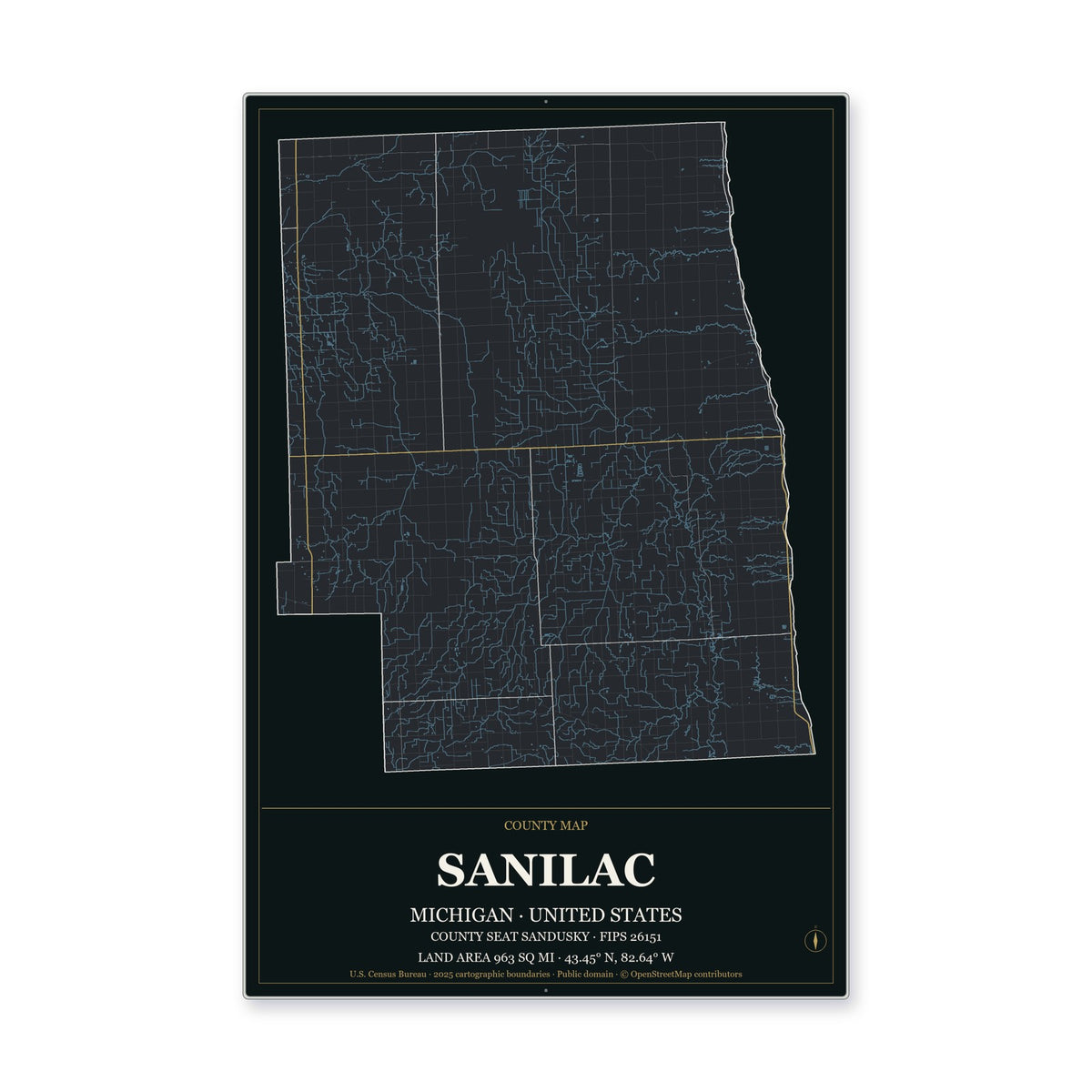 Sanilac County, Michigan Map Aluminum Sign in Metropolitan Noir style
