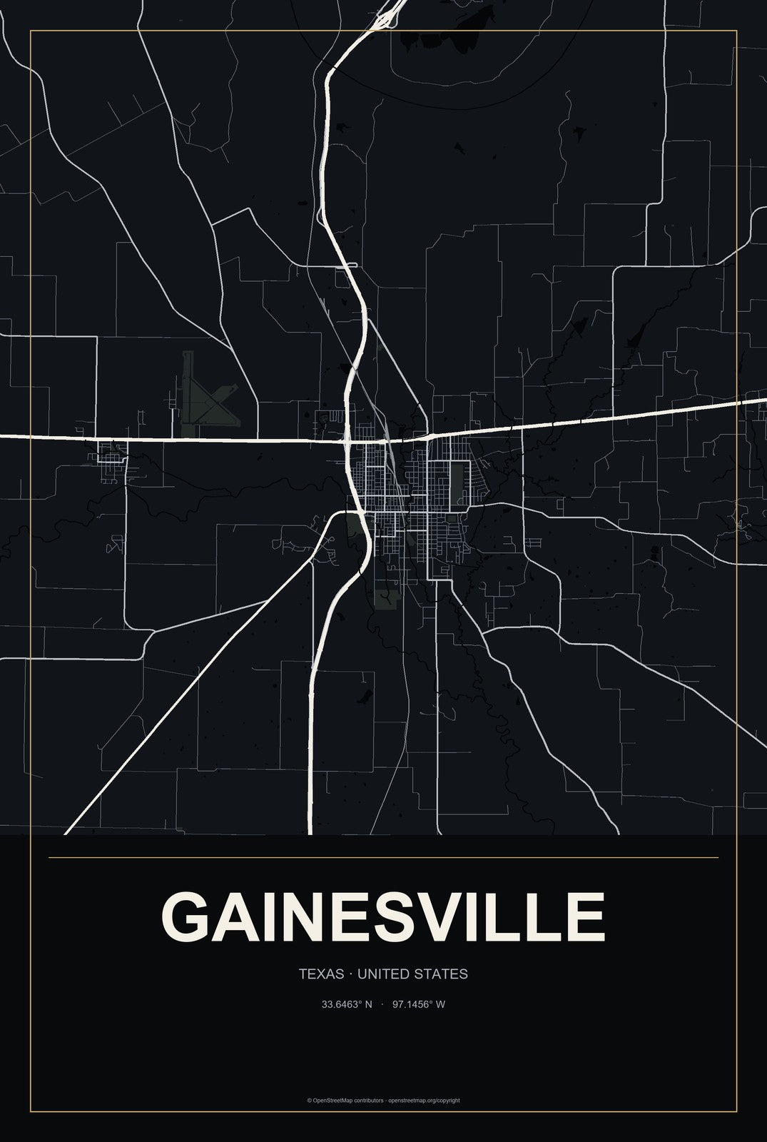 Gainesville, Texas City Map Aluminum Sign in Metropolitan Noir style