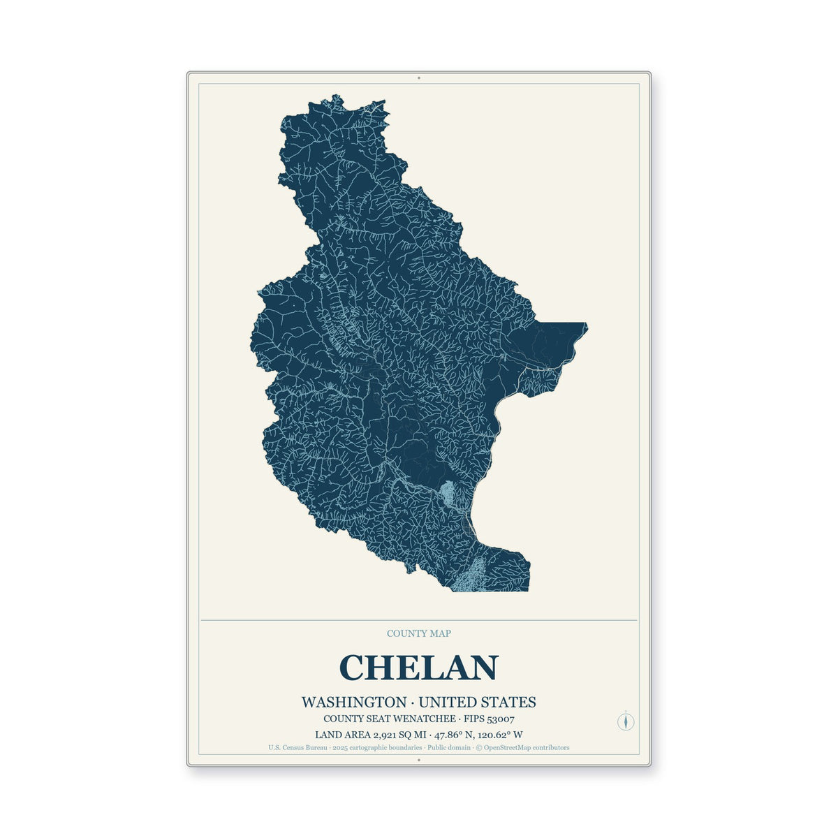 Chelan County, Washington Map Aluminum Sign in Coastal Cutout style