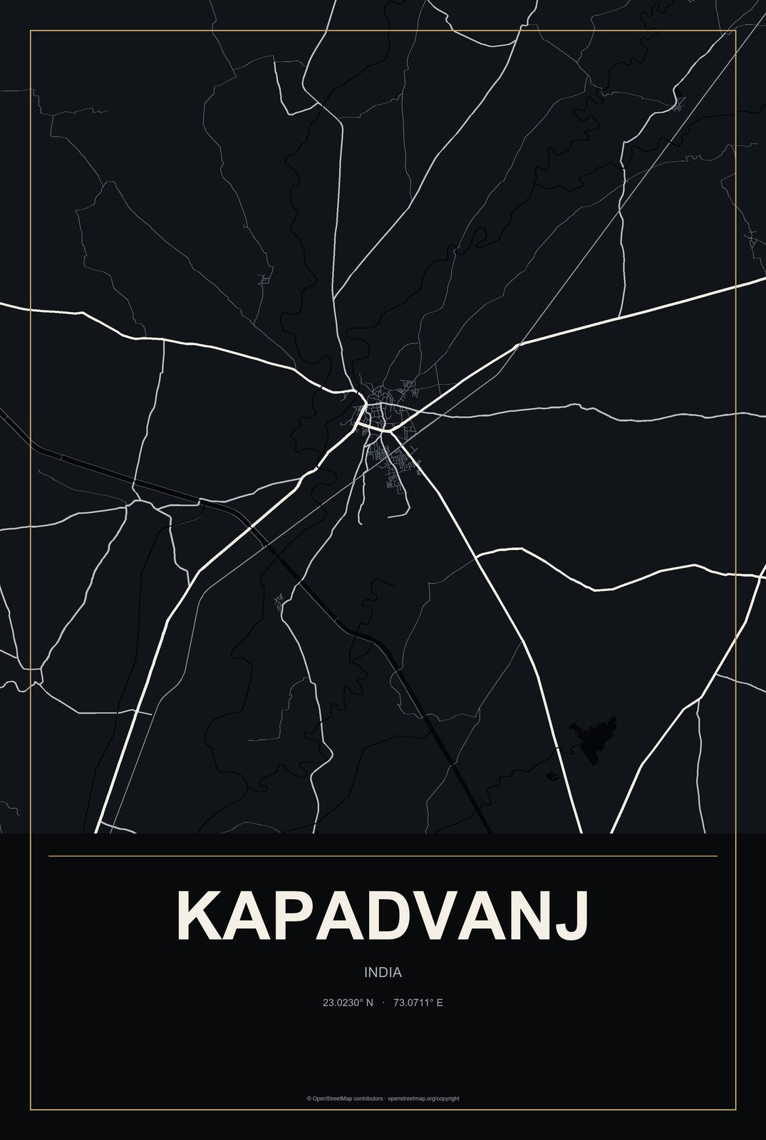 Kapadvanj, India City Map Aluminum Sign in Metropolitan Noir style