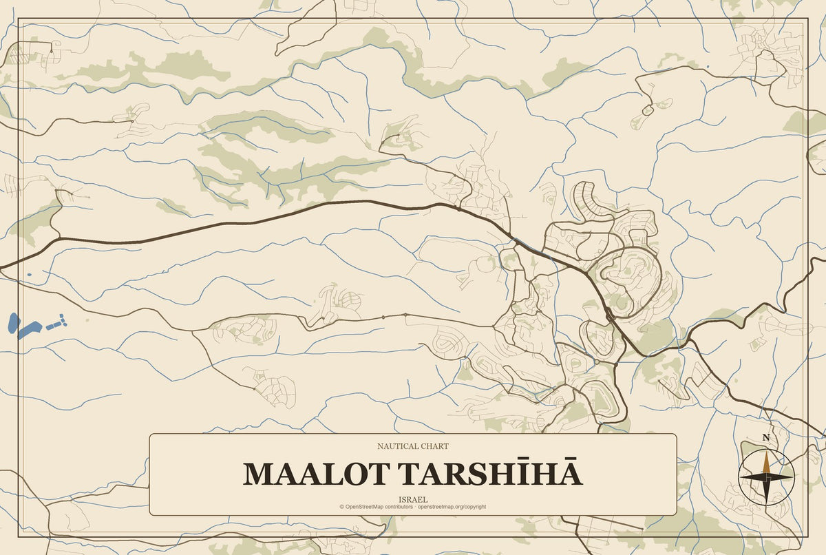maalot Tarshīhā, Israel City Map Aluminum Sign in Heritage Nautical style