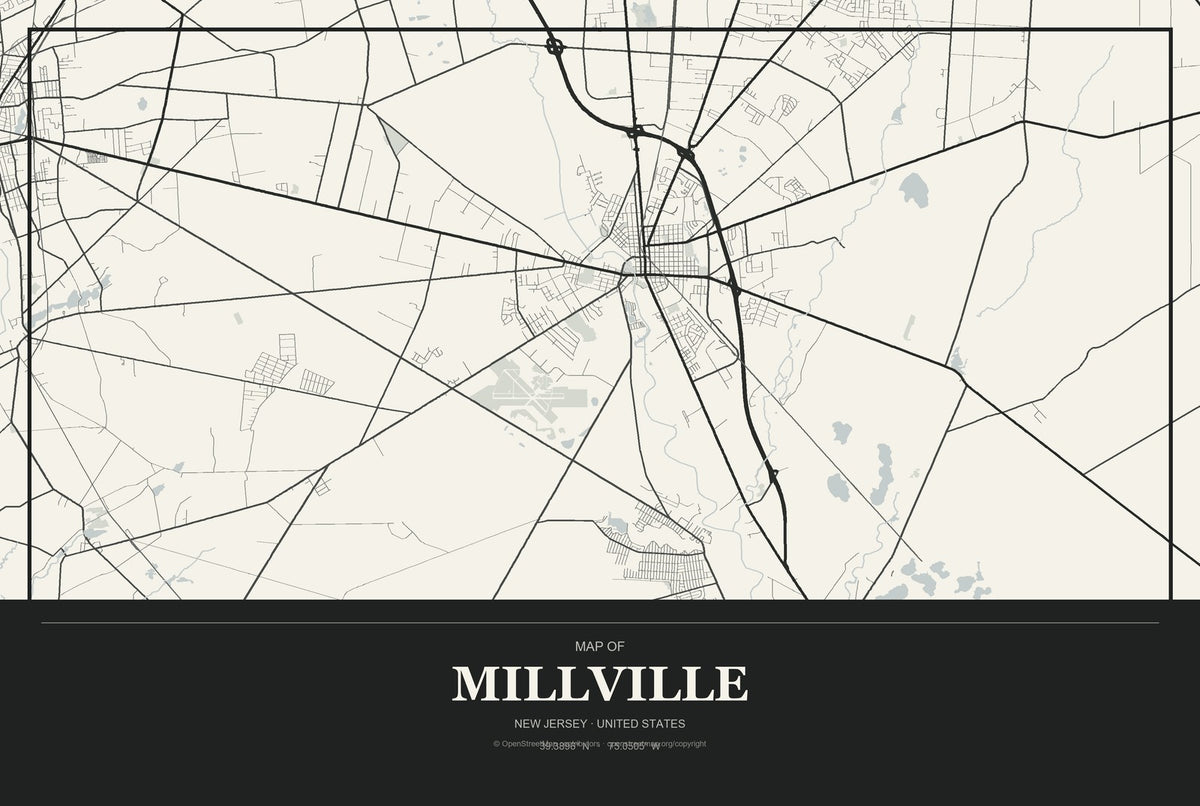 Millville, New Jersey City Map Aluminum Sign in Museum Plaque style