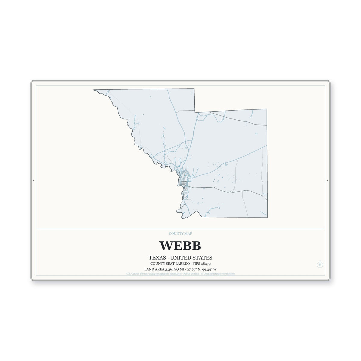 Webb County, Texas Map Aluminum Sign in Gallery Air style
