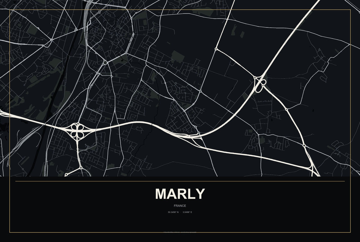 Marly, Hauts-de-France, France City Map Aluminum Sign in Metropolitan Noir style