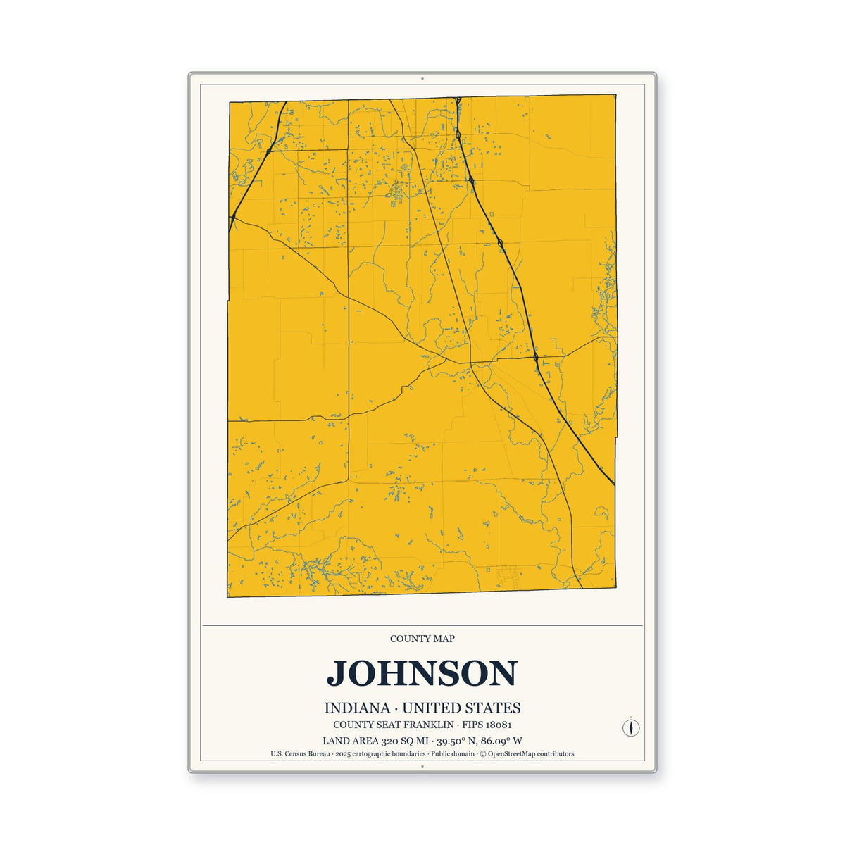 Johnson County, Indiana Map Aluminum Sign in Citrine Modern style