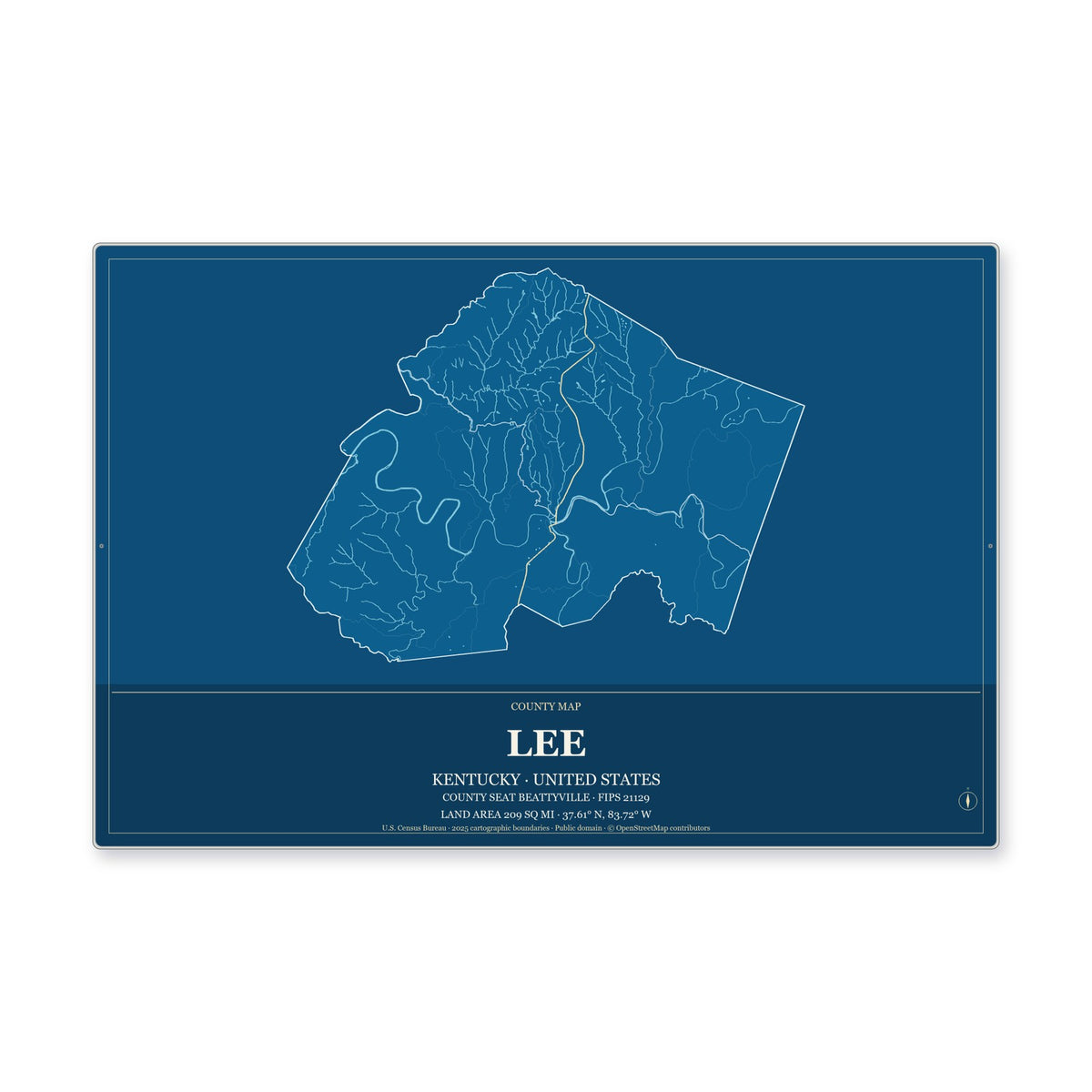 Lee County, Kentucky Map Aluminum Sign in Harbor Cobalt style