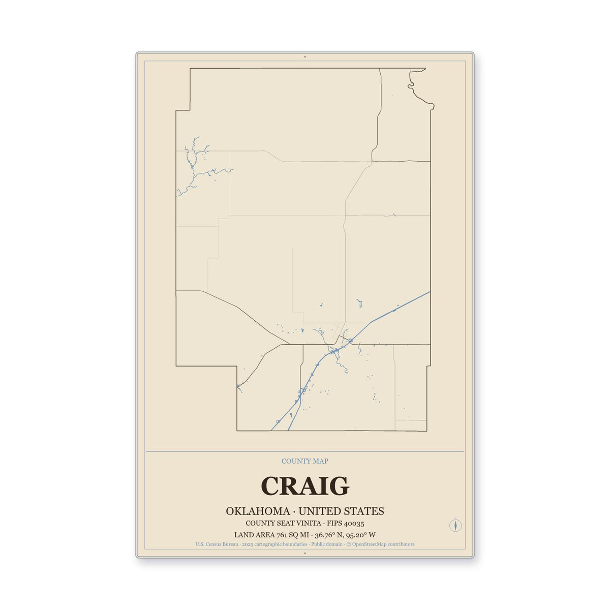 Craig County, Oklahoma Map Aluminum Sign in Heritage Nautical style