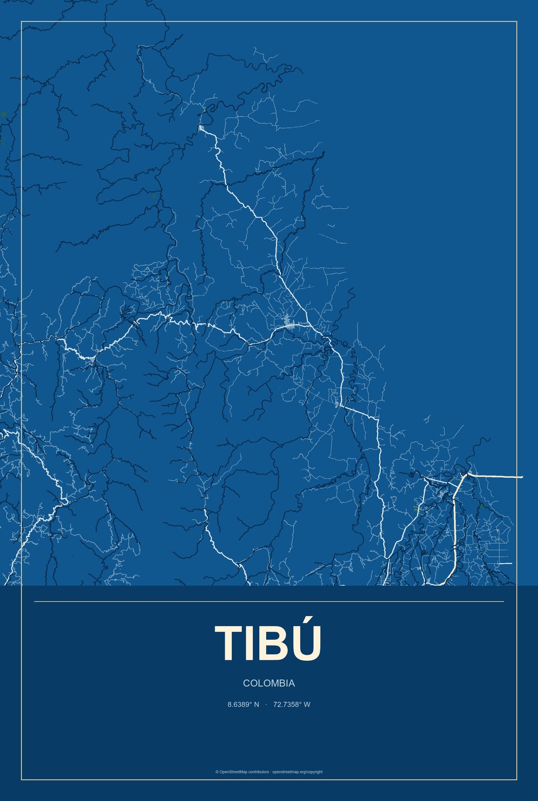 Tibú, Colombia City Map Aluminum Sign in Harbor Cobalt style