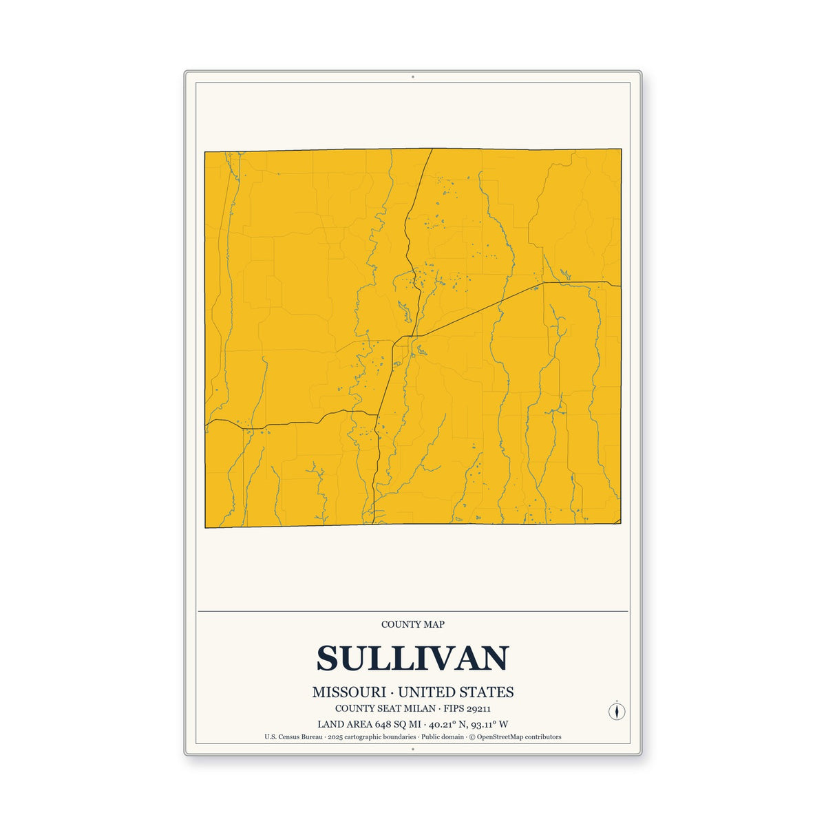 Sullivan County, Missouri Map Aluminum Sign in Citrine Modern style