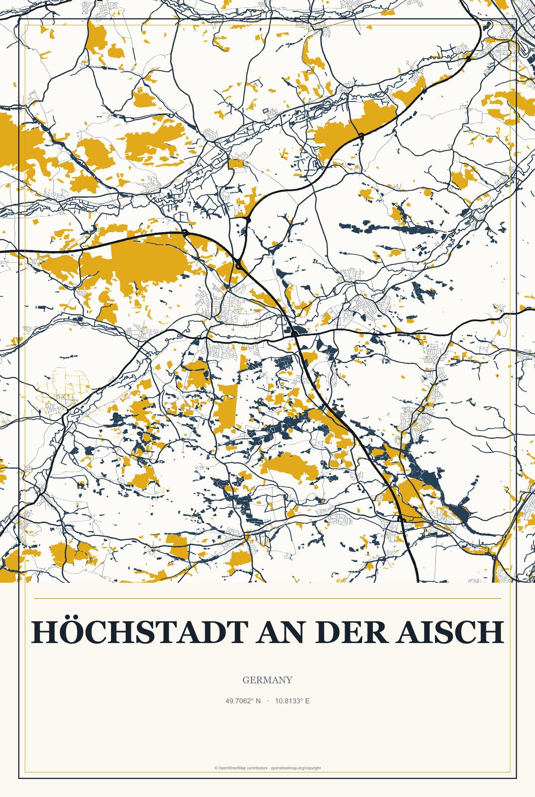 Höchstadt an der Aisch, Germany City Map Aluminum Sign in Citrine Modern style
